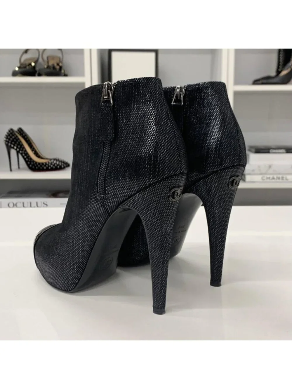 Chanel Cocomark Leather Metallic Short Boots Black